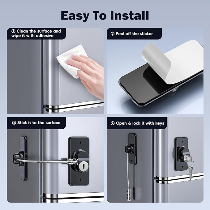 2 Pack Refrigerator Door Lock with Adhesive, No Tools Required, Child Proof Fridge Door Lock for Kids and Pets, Self Adhesive Latch for Freezer, Cabinets, Drawers, Air Oven, Windows (Patent)