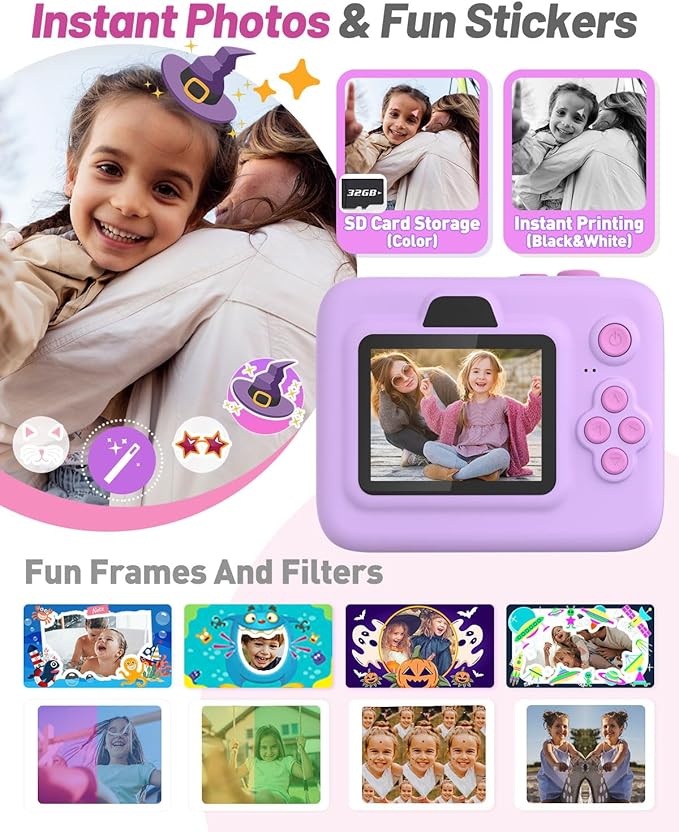 Instant Print Camera for Kids, Christmas Birthday Gifts for 3-12 Year Old Girls Boys, 2.4in Screen 1080P Video Digital Camera Toys for Kids Age 4 5 6 7 8 9 10 with 3 Rolls Print Paper 32G Card