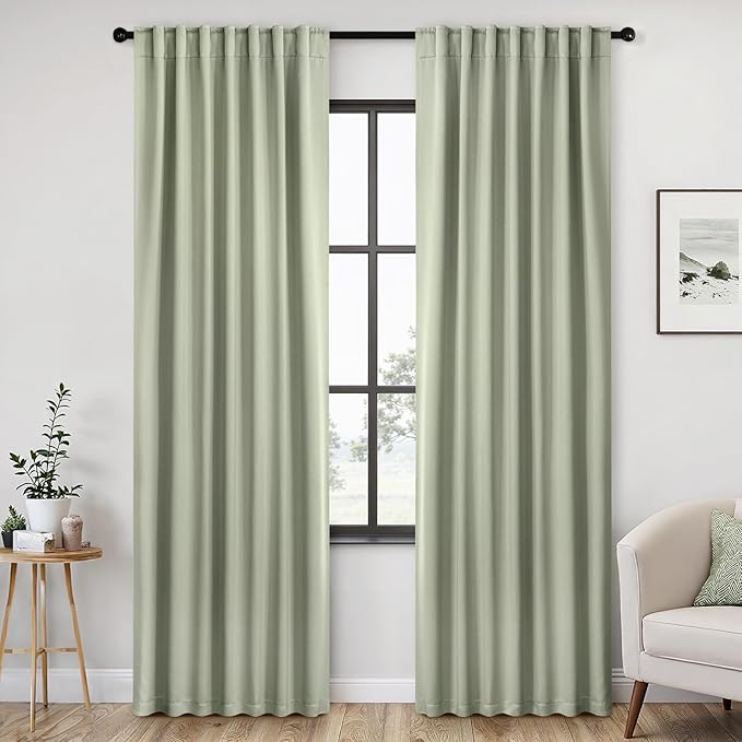 ANRODUO Back Tab Blackout Curtains for Bedroom Living Room, Rod Pocket Pinch Pleated Thermal Insulated Room Darkening Curtains 92 Inches Long 2 Panels, Sage Green, 42 x 92 Inch