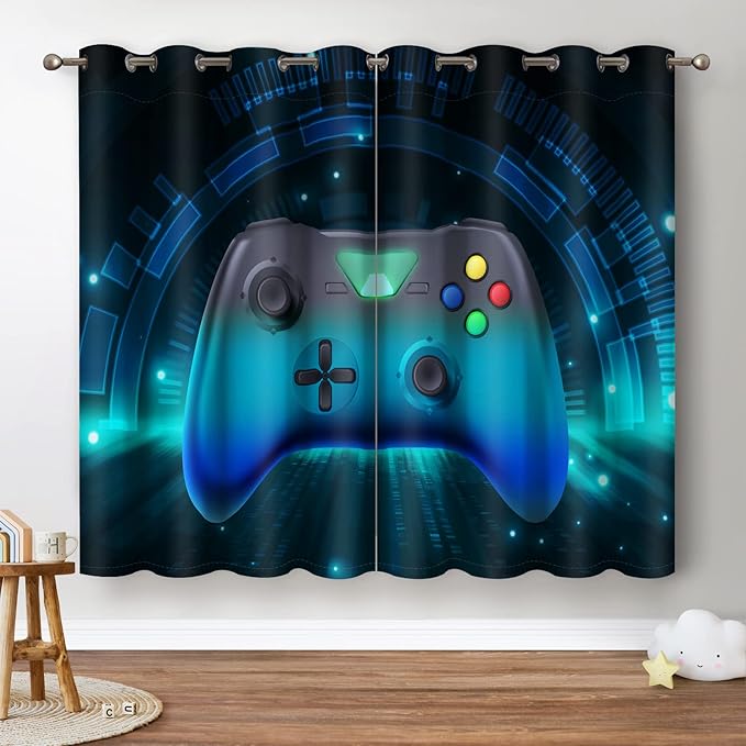Jekeno Game Controller Blackout Curtains for Kids Boys Teens Bedroom Colorful Video Game Gamer Gaming Gamepad Decor for Home Living Room Grommet Window Drapes 2 Panel Set, 52"x63"