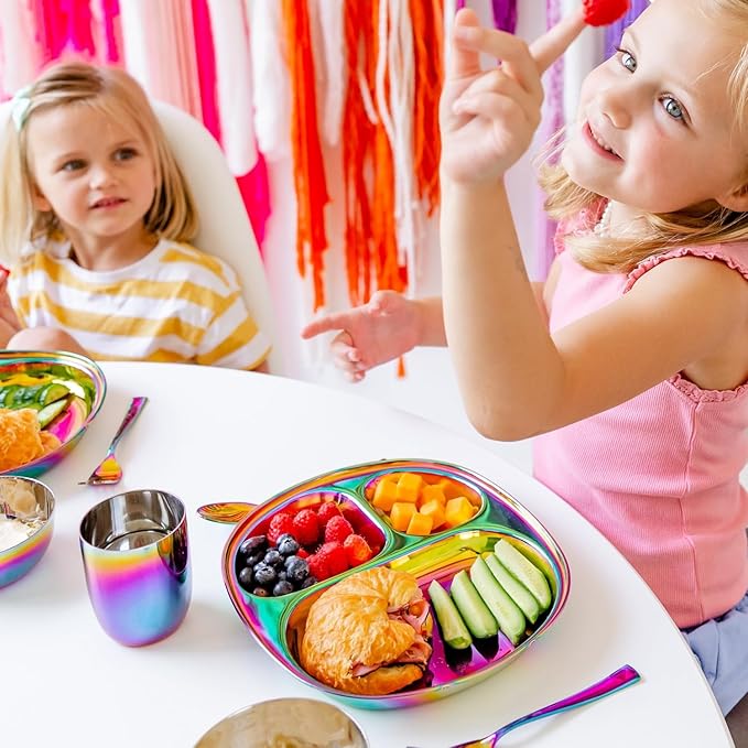 Ahimsa Stainless Steel Kids Plates - Divided Toddler Plates, Pediatrician Designed, Non Toxic Toddler Plate, BPA Free & Dishwasher Safe (Rainbow Single)