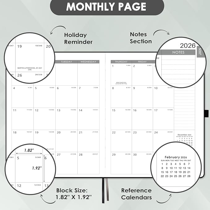 2026 Planner - 2026 Planner Weekly and Monthly, JAN 2026 - DEC 2026, Calendar Planner with Hardcover,Thick Paper, Back Pocket, Notes Pages, Pen Loop (9" x 11") - Black