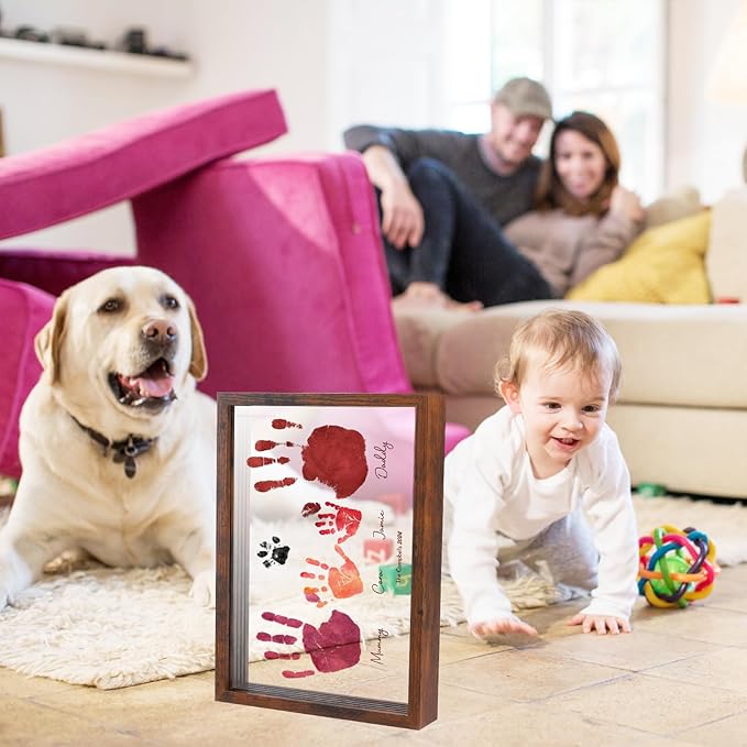 Family Handprint Kit,DIY Colorful Craft Keepsake Family Art Baby Newborn Hand and Footprint Wooden Frame for Home Decor Family Gifts Set(5 Sheets with 8 Colors) (White)