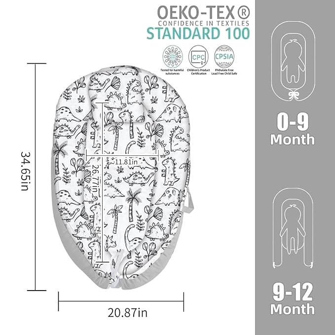 Baby Lounger for Newborn Cover - Newborn Lounger Cover for 0-12 Months, Breathable & Portable Infant Lounger Cover - Soft Baby Floor Seat Cover for Travel, Newborn Essentials - Baby Snuggle Dinosaur