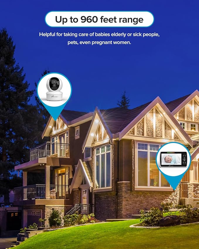 iFamily Baby Monitor with 2 Cameras | Remote Pan-Tilt-Zoom Video Baby Monitor with Camera and Audio, 5” Large Display, Night Vision, Temperature Display, Lullaby, 2 Way Audio & 960ft Range