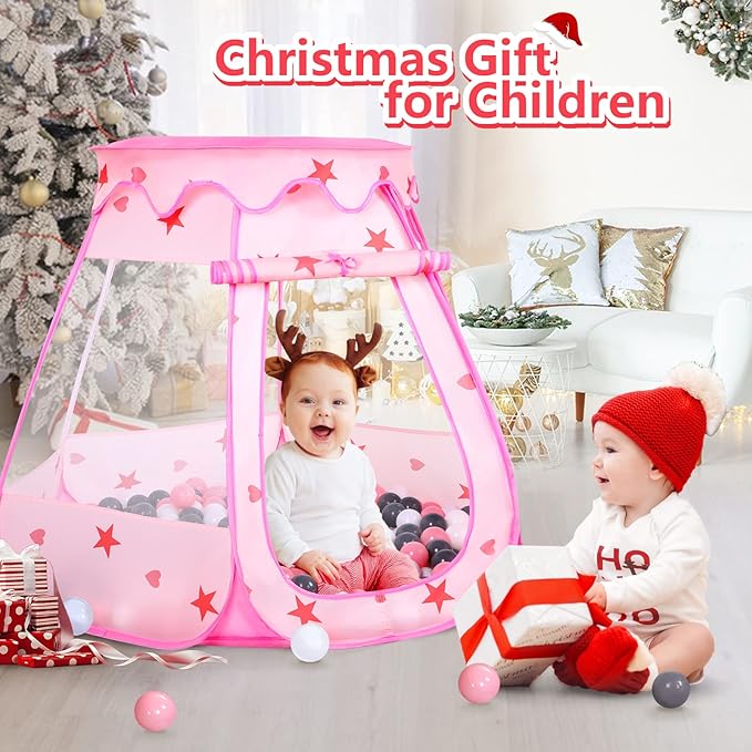 Baby Ball Pit for Toddler with 50 Balls, Kids Pop Up Play Tent for Girls, Princess Toys for Children Indoor & Outdoor Playhouse with Carry Bag (Pink: Pink/White/Gray, 109x90cm/50 Balls)