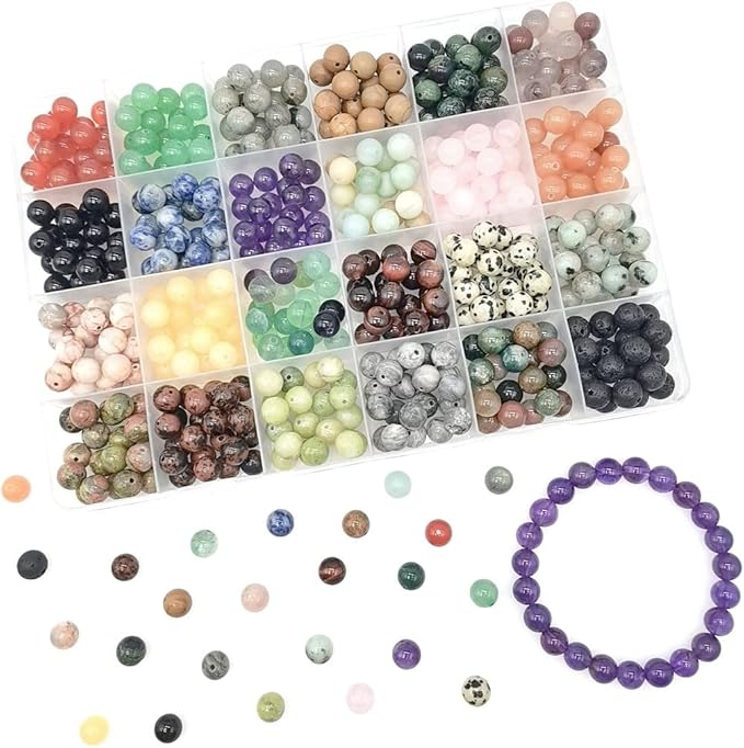 8mm Natural Round Stone Beads About 480pcs Genuine Real Healing Crystal Stones Beading Loose Gemstone DIY for Bracelet Jewelry Making Kit(24 Color A)