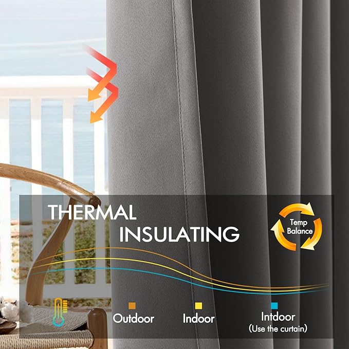 ANRODUO Back Tab Blackout Curtains for Bedroom Living Room, Rod Pocket Pinch Pleated Thermal Insulated Room Darkening Curtains 108 Inches Long 2 Panels, Grey, 52 x 108 Inch