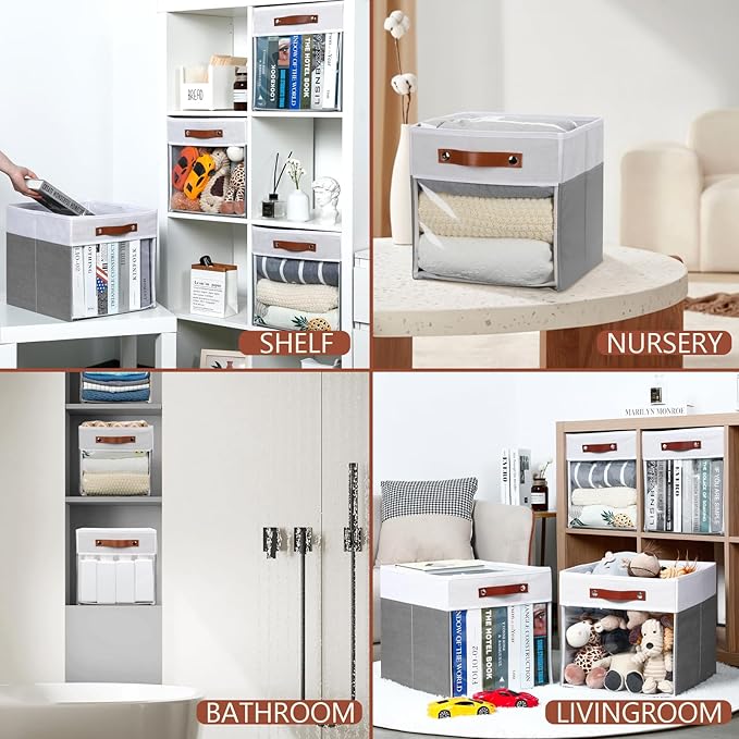 HNZIGE Fabric Cube Storage Bins - 4 Pack 13x15x13 Collapsible Storage Cubes for Organizing Shelves, Closet, Pantry - White, Gray