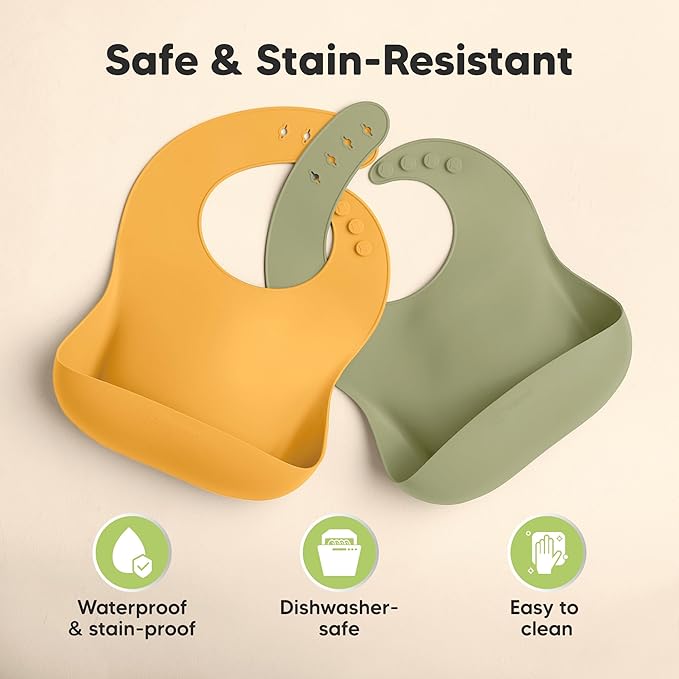 KeaBabies 2-Pack Silicone Baby Bibs for Eating - Sturdy Food-Grade Silicone Bibs for Babies Girl, Boy, Large Food Catcher, Clean & Put On Easily, Waterproof Toddler Feeding Essentials (Harvest)