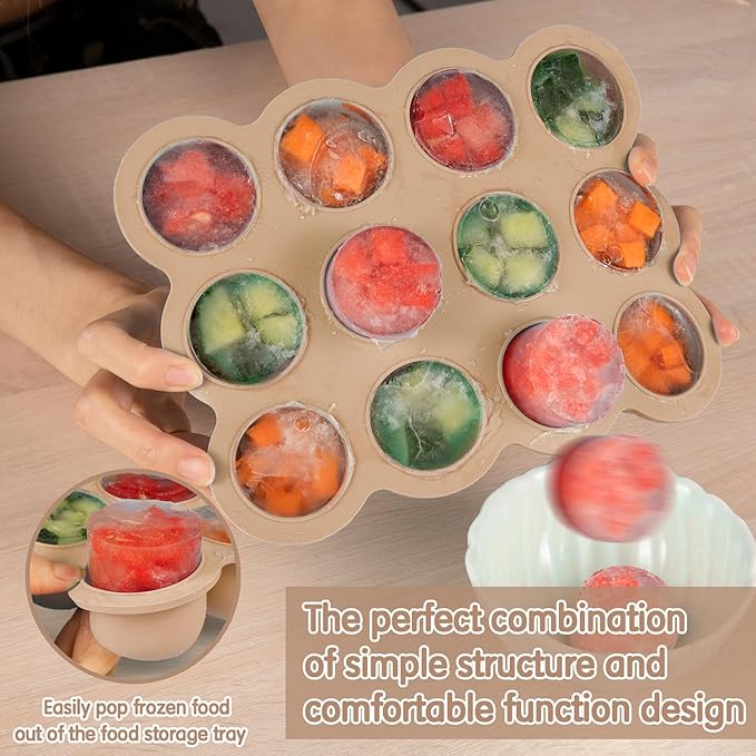 Baby Food Storage 12 x 1.5OZ Silicone Freezer Tray with Lid, Food Grade Silicone Containers for Purees & Vegetables Light Brown