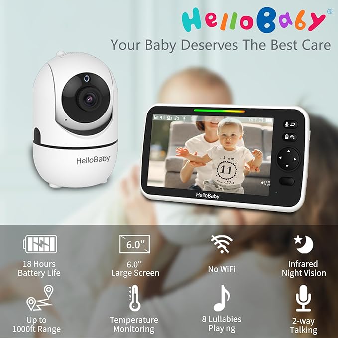 HelloBaby 6'' World First IPS 30H Battery Split-Screen Video Baby Monitor with Camera and Audio, No WiFi, Pan-Tilt-Zoom, VOX, 2-Way Talk, Night Vision, 8 Lullabies, 1000ft, for New Parents/Elderly