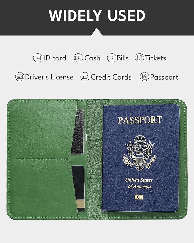 ALLIVE Genuine Leather Passport Holder With Airtag for Women Men - Travel Must-Haves, Airport Essentials, Passport Cover Gift - Green