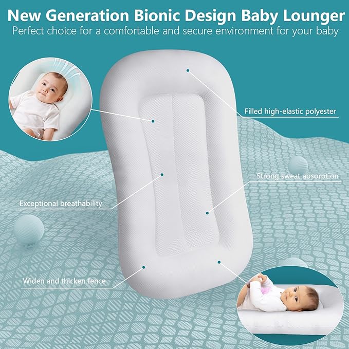Baby Lounger, Baby Lounger for Newborn 0-12 Months, Portable Infant Lounger Soft Cotton Breathable for Home & Travel (Grey)