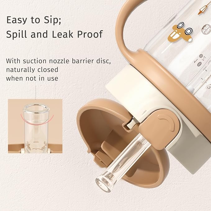 Evorie Tritan Spill Proof Toddler Straw Sippy Cup, 10 oz for Baby and Toddlers 1-3 Years Old, No Spill Straw Water Bottle with Removable Handles, Ideal for School, BPA-Free, Choco Car (NEW)