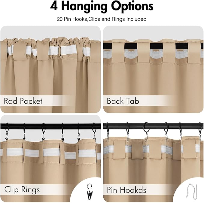 ANRODUO Back Tab Blackout Curtains for Bedroom Living Room, Rod Pocket Pinch Pleated Thermal Insulated Room Darkening Curtains 84 Inches Long 2 Panels, Beige, 42 x 84 Inch