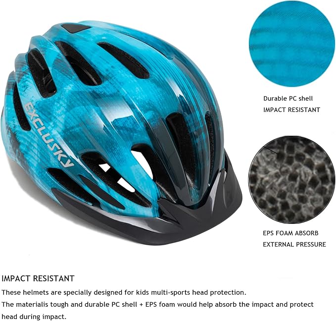 Exclusky Kids Bike Helmet with LED Light – Adjustable Multi-Sport Youth Helmet for Boys & Girls, Ages 5-12, Fits 50-57cm, Cycling Safety Gear