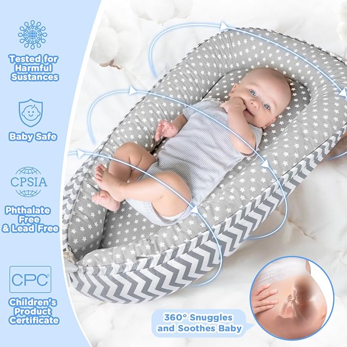 Baby Lounger - Baby Lounger for Newborn 0-24 Months, Breathable and Soft Cotton Cover Baby Nest, Portable Cozy Tummy Time Lounger for Home and Travel, Ideal Baby Essentials & Shower Gifts