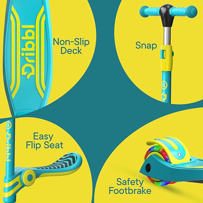 Aqua & Yellow 3 Wheel Scooter with Seat for Kids – Light-Up LED Wheels, Adjustable Handlebar and Seat, Smooth PU Wheels, Wide Anti-Slip Deck, Rear Foot Brake – Toddler Outdoor Toys for Ages 2+