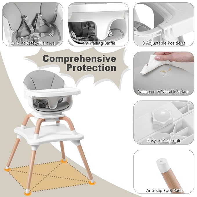 Baby High Chair, 7 in 1 Convertible High Chairs for Babies and Toddlers, Kids Learning Table, Building Block Table, Toddler Dining Chair with 360° Rotating Seat, 5-Point Safety Harness (Grey)