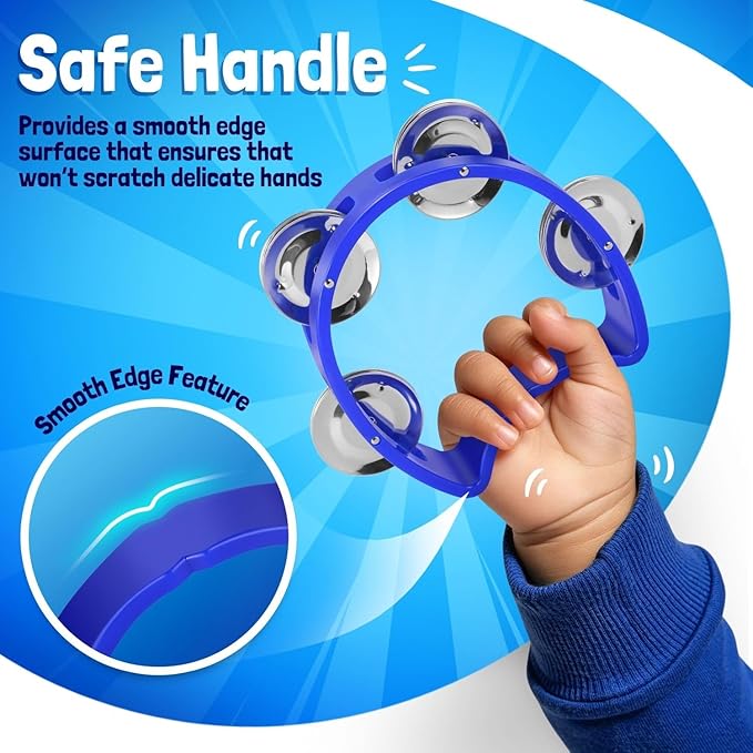 Flexzion Tambourine Hand Bell Percussion Musical Instruments (Blue, 2 Pack), Plastic Music Instrument Half Moon Mini D Handheld Shaker, Jingle Bells