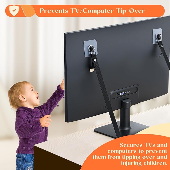 2 Pack TV Safety Straps Adjustable, Adhesive Anti-Tip Furniture Anchor for Flat Screen, TV and Furniture Safety Straps for Baby Proofing, Black