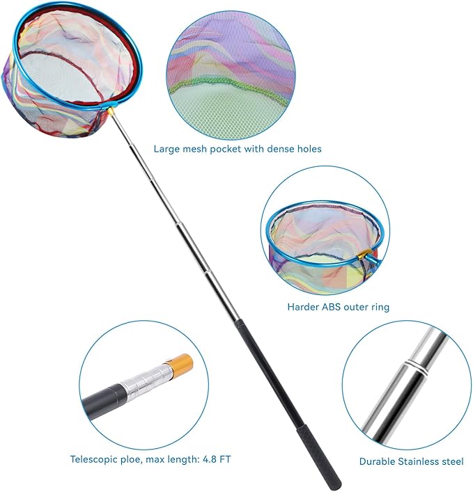 2PCS Fishing Net with Bucket, Telescopic Fishing Landing Net, Collapsible Kids Sand Bucket, Kids Fish Butterfly Catching for Freshwater Saltwater Outdoor Activities