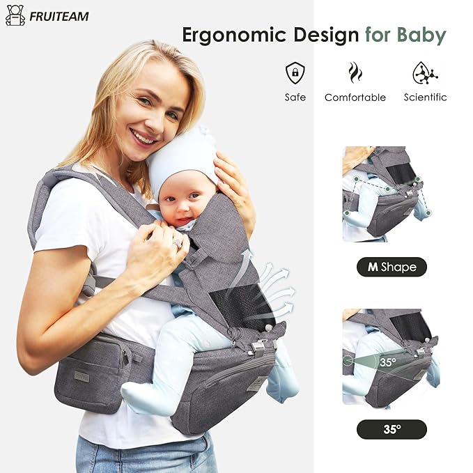 FRUITEAM Baby Carrier Newborn to Toddler, Safety-Certified Baby Waist Stool, Ergonomic 6-in-1 Baby Carrier with Head Support, Adjustable & Removable Baby Holder for All Seasons, Dark Grey