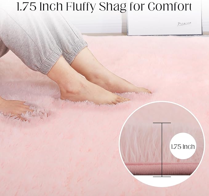 Fluffy Pink Area Rug, 4x6 Shag Rugs for Bedroom, Soft Plush Area Rugs for Living Room, Non-Slip Indoor Carpet for Nursery, Study Room, Playroom, Home Decor