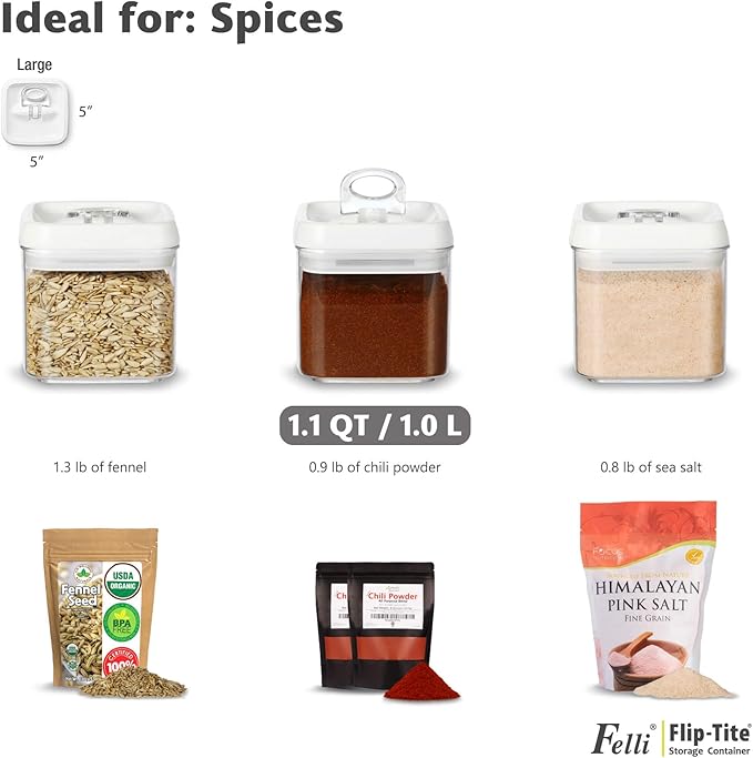 Felli Flip Tite Food Storage Container 5" LARGE Size Airtight Lid Lock Top, Stackable Kitchen Canister for Space Saving, Pantry Fridge Cupboard Organizer, Spice Seasoning Pet Treats Snack (1.1 qt)