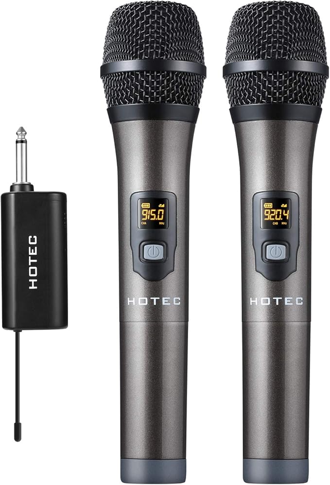 HOTEC UHF Wireless Dual Handheld Microphones with Rechargeable 1/4” Output Mini Portable Receiver for Live Performance Over PA, Mixer, Speaker (H-U26C)