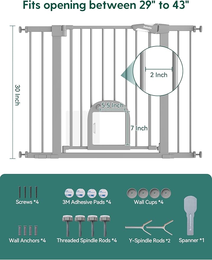 Babelio Baby Gate with Adjustable Cat Door,29-43" Auto Close Durable Pet Door for Stairs,Doorways and House, Pressure Mounted,Easy Install,Effortless Walk Thru,Gray