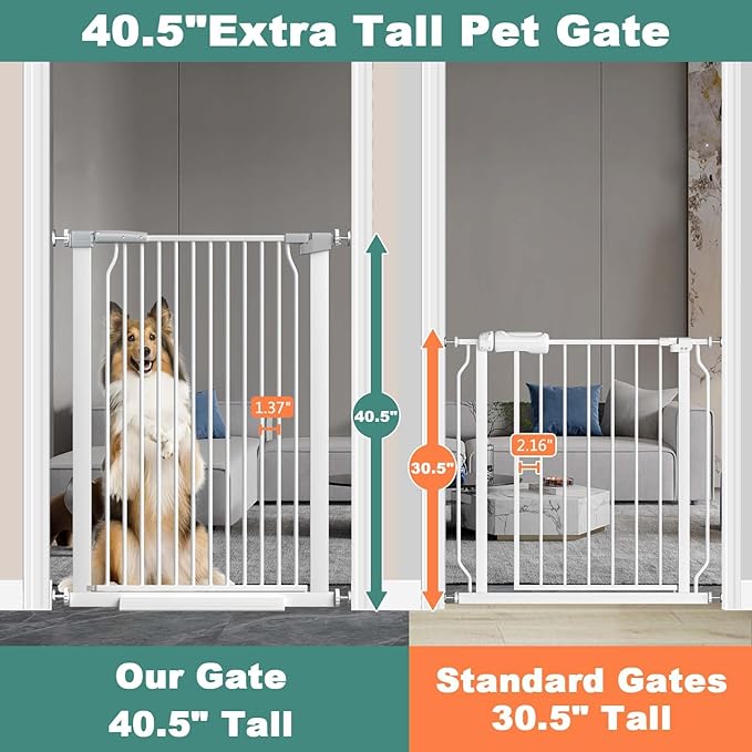 40.5" Extra Tall Baby Gate for Stairs, 68.5"-72.2" Extra Wide Large Dog Pet Gate Indoor for House, Long Safety Child Gate No Drill, Metal Auto Close Doggie Barrier for Doorway, White