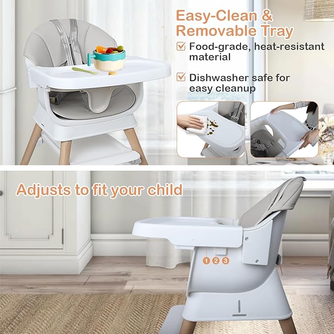 9 in 1 Convertible Baby High Chair with Booster, Wooden Highchair for Babies and Toddlers with Adjustable Tray & 5-Point Harness, Multi-Functional Growing Seat for Feeding, Learning & Play, Gray