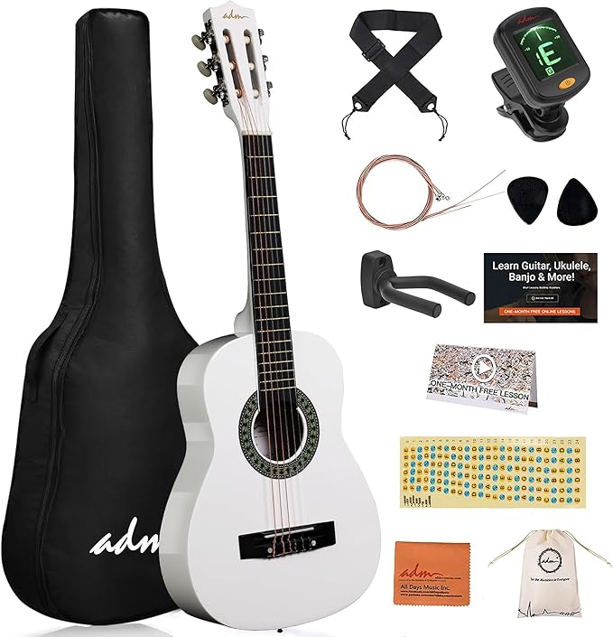 ADM Beginner Acoustic Classical Guitar Nylon Strings Wooden Guitar Bundle Kit for Kid Boy Girl Student Youth Guitarra Online Lessons with Gig Bag, Strap, Tuner, Picks (30 Inch, White)