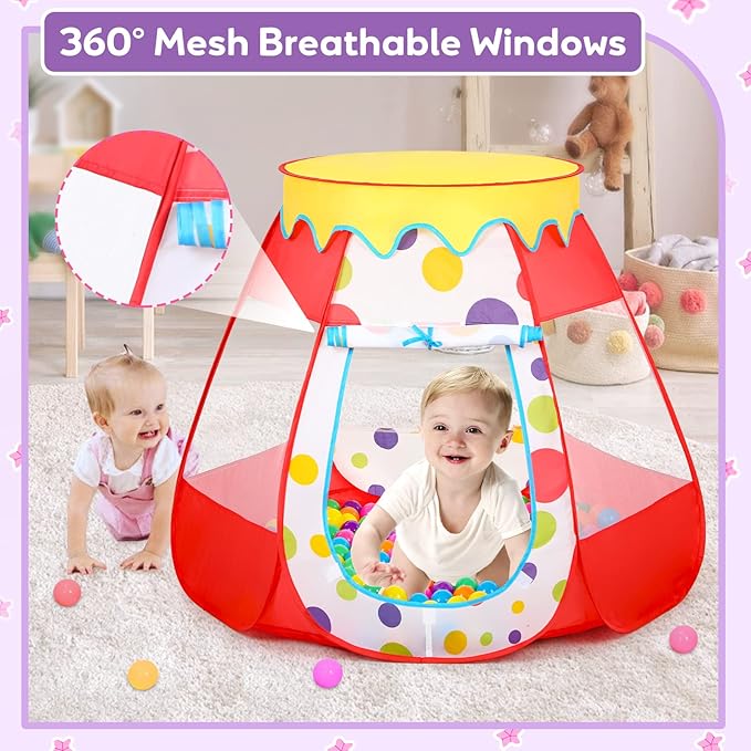 Baby Ball Pit for Toddler with 50 Balls, Kids Pop Up Play Tent for Girls, Princess Toys for Children Indoor & Outdoor Playhouse with Carry Bag (Red: 7 Bright Colors, 109x90cm/50 Balls)