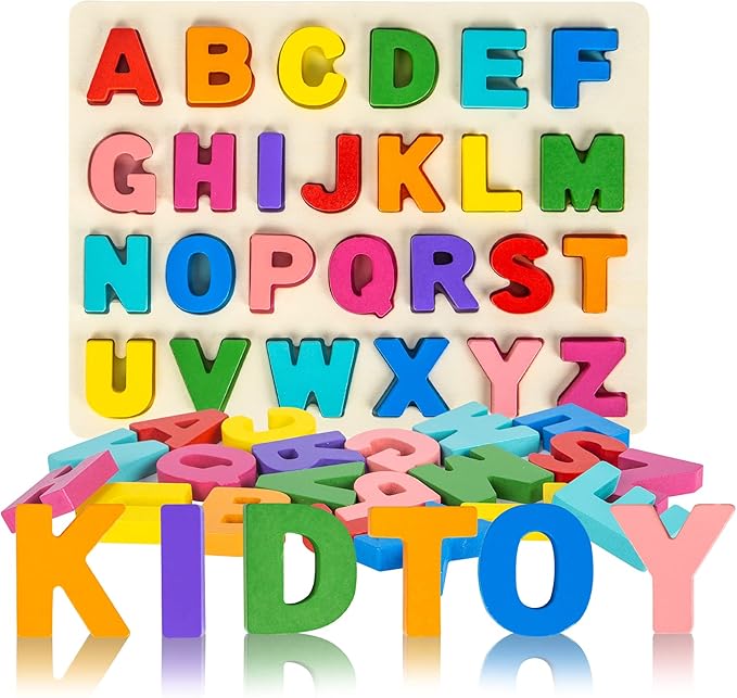 Alphabet Puzzle Wooden Puzzles for Toddlers 3 4 5 Year Old, ABC Puzzle Shape Alphabet Learning Puzzles Toys with Puzzle Board & Letter Blocks, Preschool Educational for Girls Boys