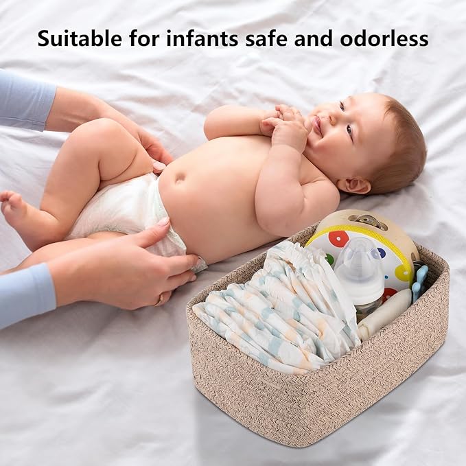 4 Pack Small Storage Shelf Baskets for Organizing, Mini Woven Rope Storage Bins for Towels, Cute Decorative Closet Organizer，Baby Nursery, Gift Empty Baskets -13.78''Lx9.84''Wx5.51''H-Brown