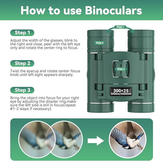 300x25 Binoculars for Adults and Kids, High Powered Mini Pocket Binoculars with Phone Adapter, Waterproof Compact Telescope for Bird Watching, Hunting, Concert, Theater, Opera, Traveling, Sightseeing