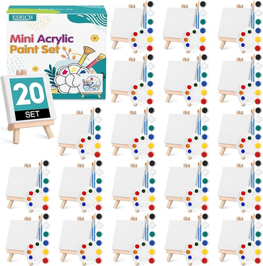 ESRICH 20 Set Mini Canvas Painting Kit, Minis Acrylic Paint Set, Valentines Day Gifts,4*4in Stretched Canvas with Easel, Acrylic Paints,Brushes,Palette,Mini Easel Canvas for Kids Adults Painting Party