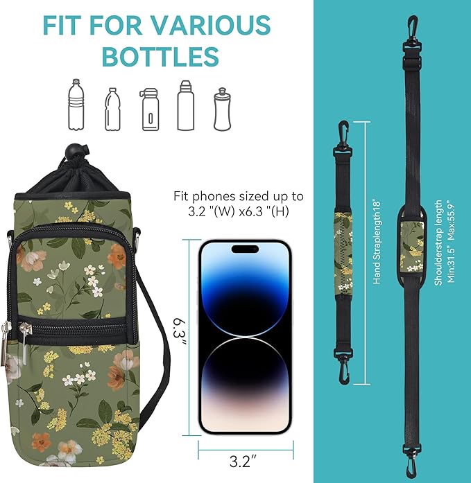 25/32/40/64oz Water Bottle Bag Holder Carrier-Insulated Crossbody Sling Case Sleeve with Strap & Pockets for Men Women Gym Cycling Travel Walking Hiking Camping