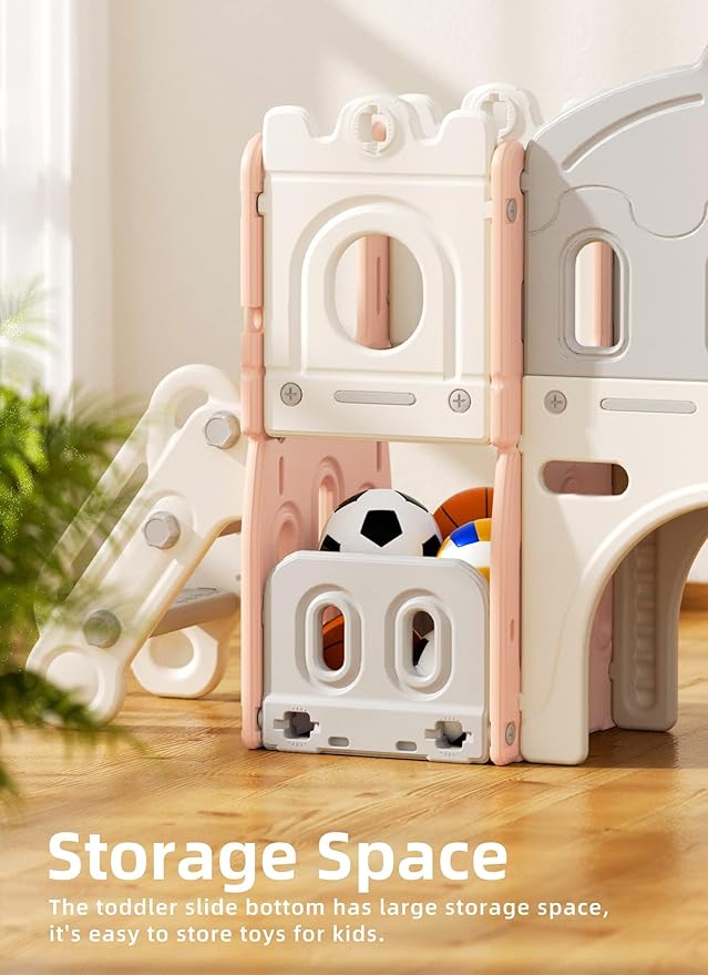 8 in 1 Toddler Slide, Kids Climber Slide with Storage Space and Non-Slip Steps, Indoor Outdoor Playset with Basketball Hoop and Telescope, Slide for Toddlers Age 1-3, Pink White