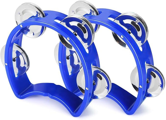 Flexzion Tambourine Hand Bell Percussion Musical Instruments (Blue, 2 Pack), Plastic Music Instrument Half Moon Mini D Handheld Shaker, Jingle Bells