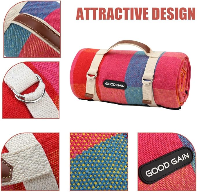 G GOOD GAIN Waterproof Picnic Blanket Portable with Carry Strap for Beach Mat or Family Outdoor Camping Party (red Plaid)