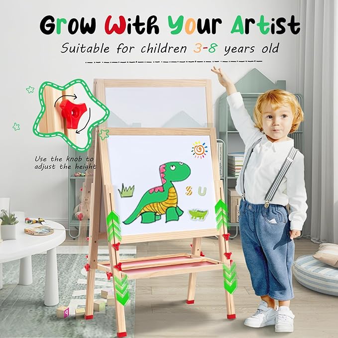 Foldable Kids Painting Easel Double Sided Chalkboard & Magnetic Whiteboard Wooden Art Easel Adjustable Height with Accessories Gift for Toddlers and Kids Ages 3-8