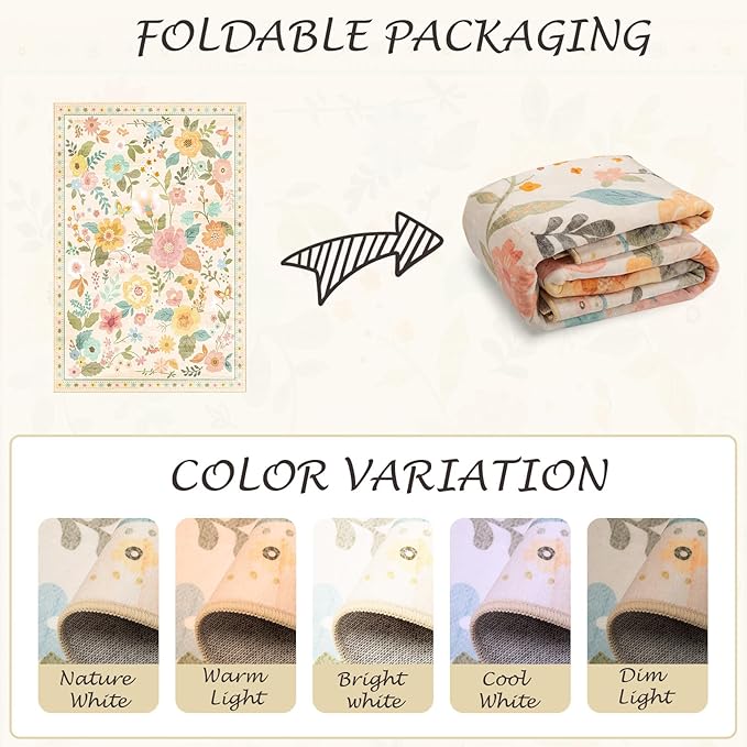 Floral 4x6 Area Rug Machine Washable Soft Print Boho Carpet Non Slip Doormat Low Pile Flower Area Rugs for Living Room Bedroom Nursery Kitchen Dining Room Indoor-Beige/White/Orange