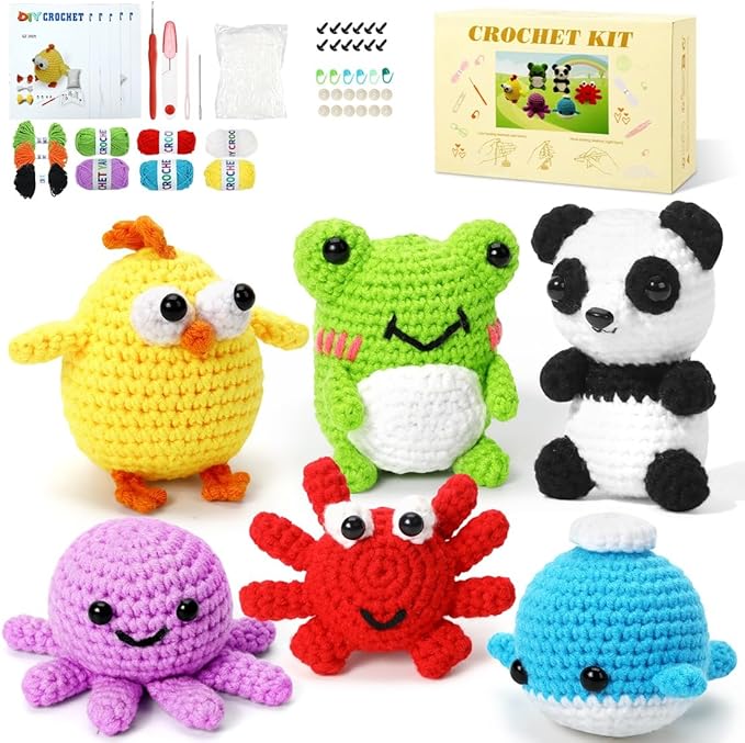 6 PCS Crochet Animal Kit –2026 DIY Amigurumi Crochet Kit for Beginners, Knitting Crochet Kit For Kids Adults , Knitting Kit with detailed videos tutorials, Yarn, Hook, Best Gift For Crochet Lovers