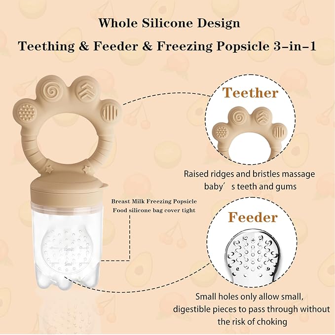 Baby Fruit Food Feeder - Silicone Nibble Tray Combo - Breastmilk Popsicle Mold for Cooling Relief, BPA Free Mesh Feeder for Infant Self Feeding (Claw Beige + Pineapple)