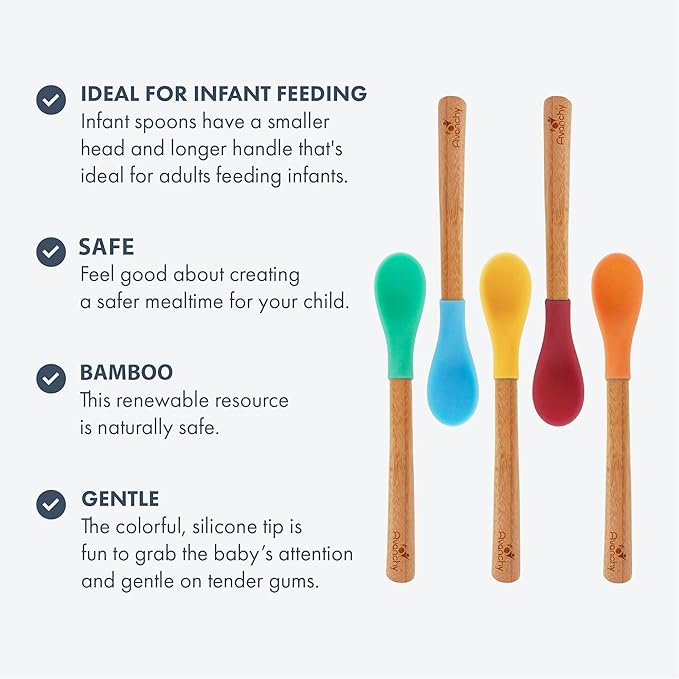 Avanchy Bamboo & Silicone Infant Training Spoons, BPA Free - Soft Tip, Easy on Gums, First Stage Feeding Utensils for Baby-Led Weaning, Self-Feeding, Pink