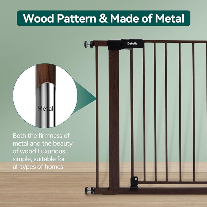 BABELIO Baby Gate with Black Wood Pattern, 29-48 Inch Auto Close Dog Gate for The House, Stairs and Doorways, Pressure Mounted Pet Gate with Door and Y Spindle Rods